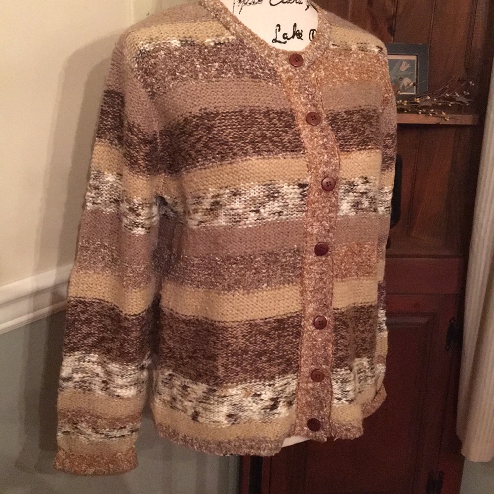 Mixed knit striped cardigan crew neck sweater